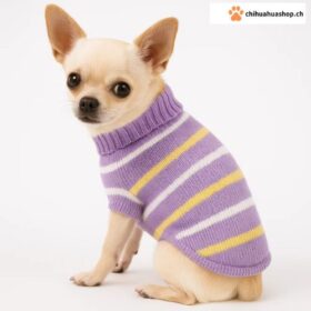 Weicher, warmer gestrickter Hundepullover – Lila mit Weiss-Gelben Streifen (XS–XXXL)
