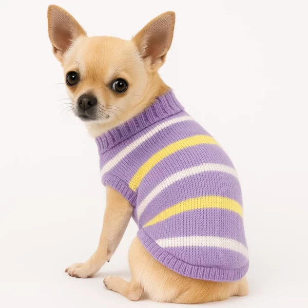 Weicher, warmer gestrickter Hundepullover – Lila mit Weiss-Gelben Streifen (XS–XXXL)